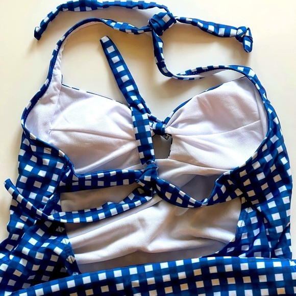 Womens Sexy One Piece Swimsuit Tie Back Blue Checkered Gingham Bikini Swimwear - Picture 6 of 7